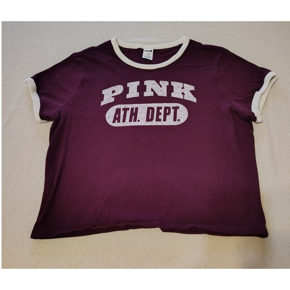 PINK Victoria's Secret Athletic Dept Ringer crop Tee Burgundy White L‎ HH